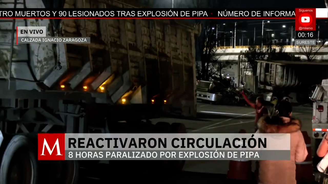 Calzada Ignacio Zaragoza reabierta tras explosión de pipa, labores siguen