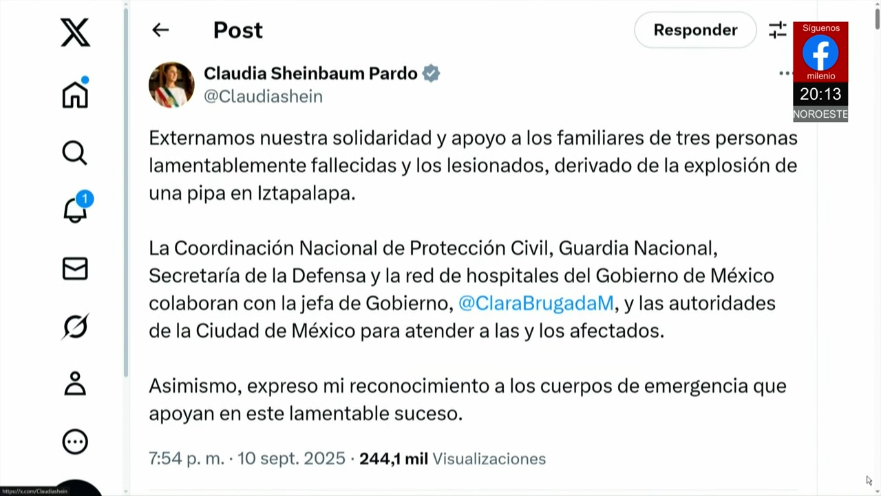 Claudia Sheinbaum expresa solidaridad a víctimas de la explosión de pipa