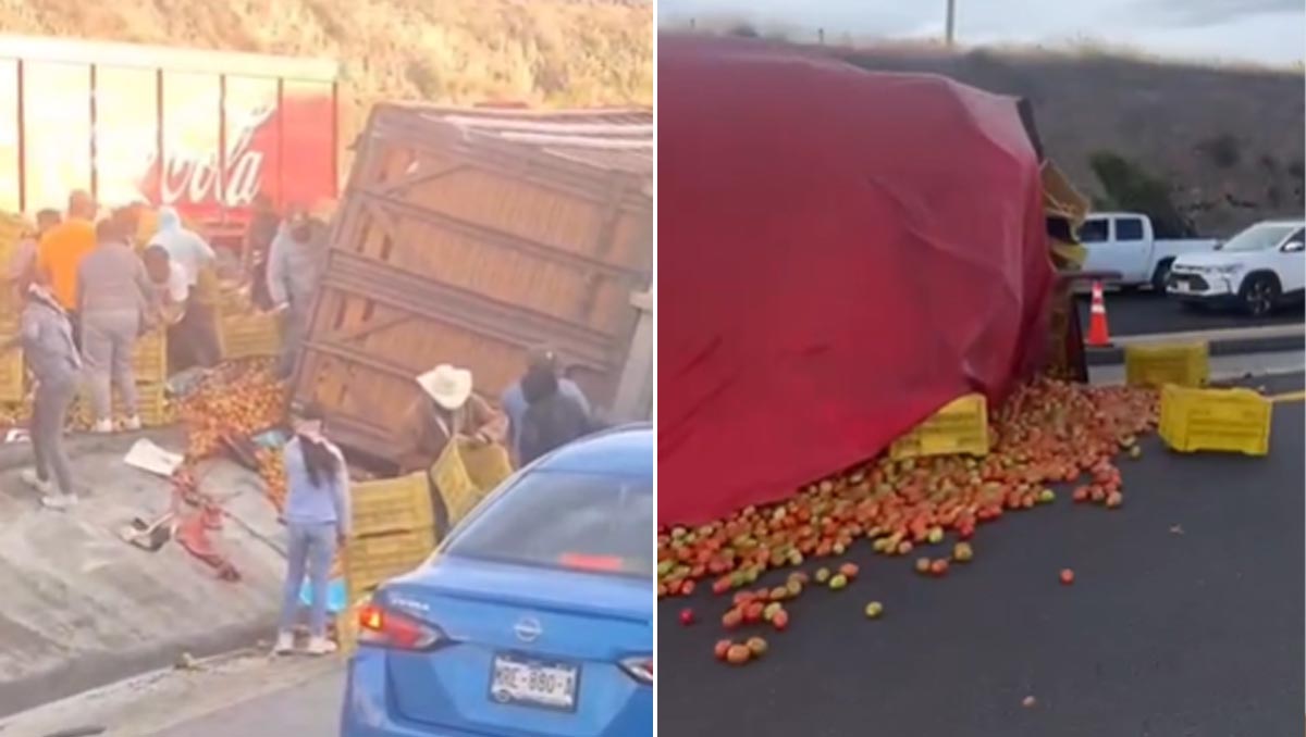 Pobladores aprovecharon la volcadura de un camión en la México-Tuxpan para llevarse toneladas de jitomate.