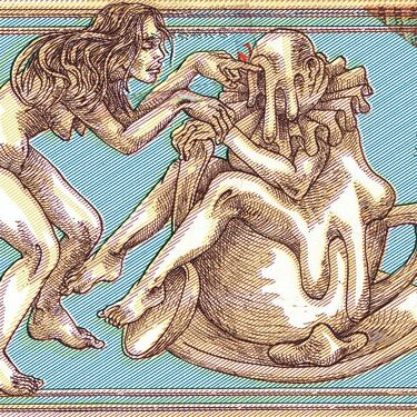 Ilustración titulada 'La Du Barry y Voltaire', del artista visual Eko.