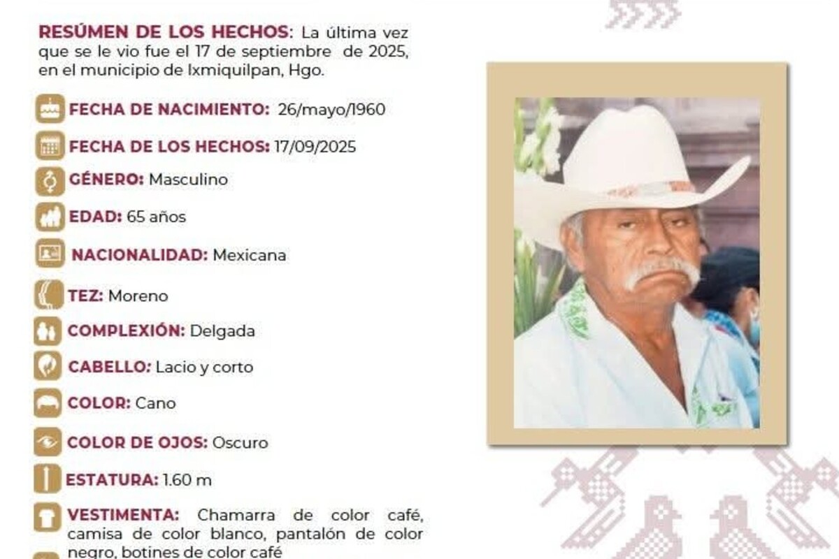 Ficha de búsqueda de Crescencio Hernández Hernández, de 65 años de edad.