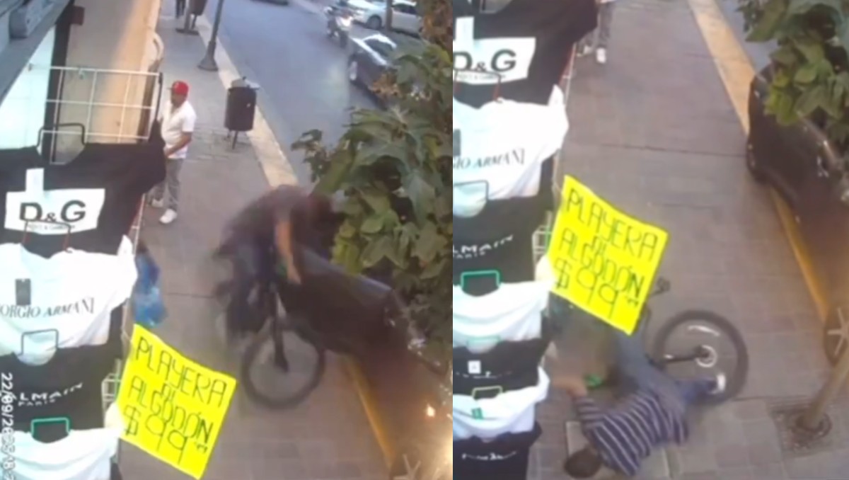 Un ciclista que invadió la banqueta en la zona Centro chocó contra la puerta de un coche y derribó a una persona.