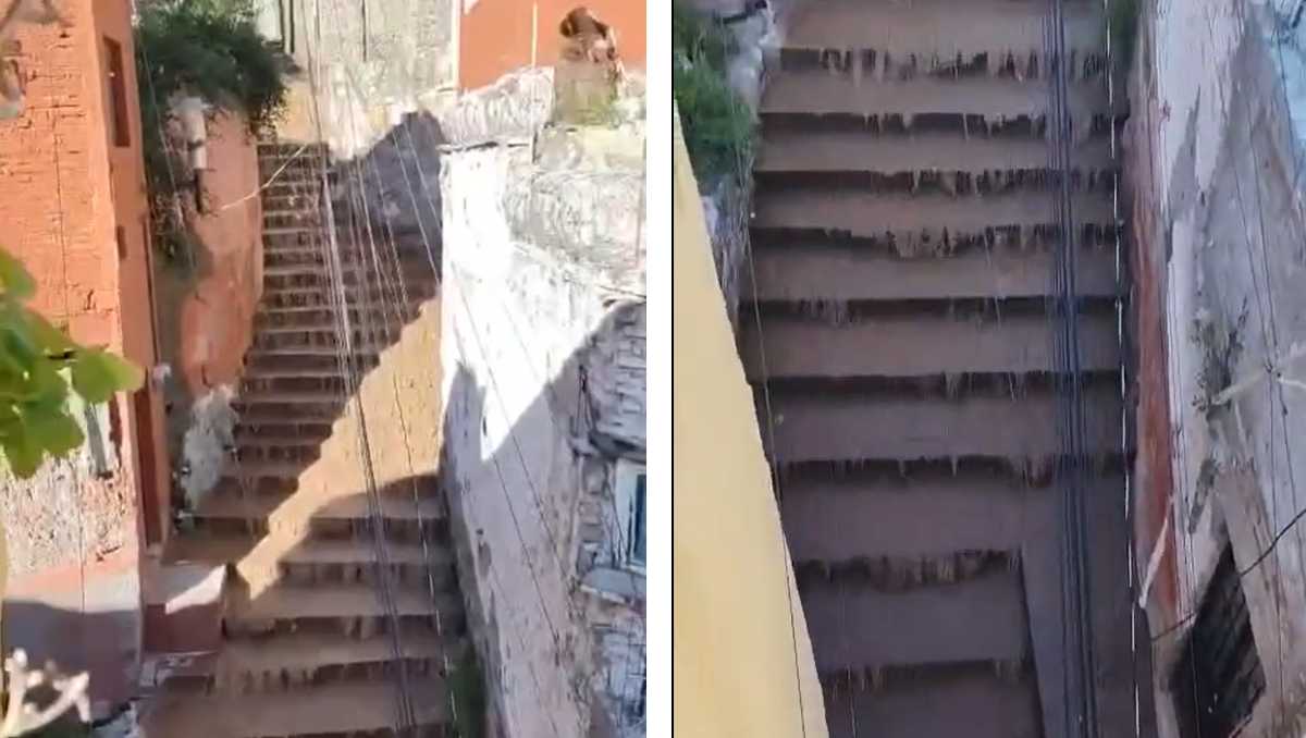 Una tubería rota provocó una cascada en la bajada del Pípila, en Guanajuato capital. | Redes sociales.
