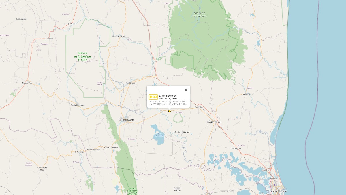 Microsismo en González, Tamaulipas este 1 de octubre 2025. (SSN)