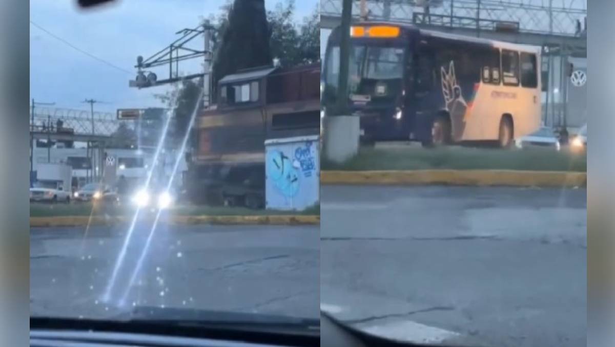 Usuarios captan a un autobús en Toluca que casi es embestido por un tren; el conductor logró cruzar, pero fue criticado. Especial