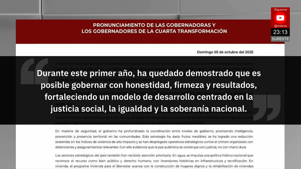 Gobernadores de Morena respaldan a Claudia Sheinbaum por su primer año de gobierno