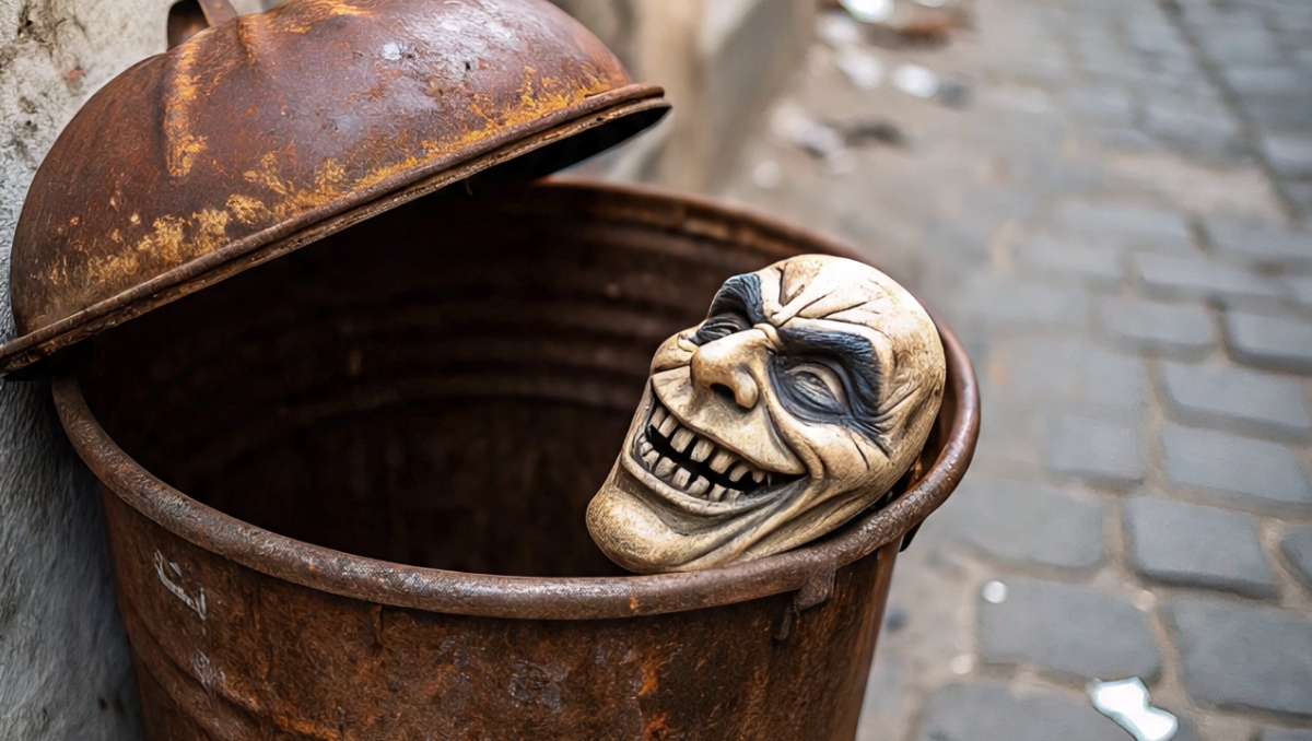 Mascara de Halloween en un basurero. | Imagen creada con IA