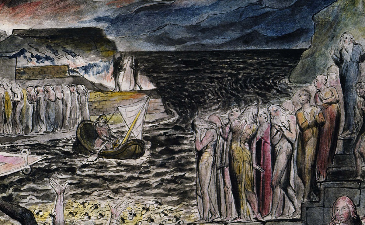 William Blake, “El vestíbulo del infierno y las almas reuniéndose para cruzar el Aqueronte” (detalle), ca. 1824-7. (Wikimedia Commons)