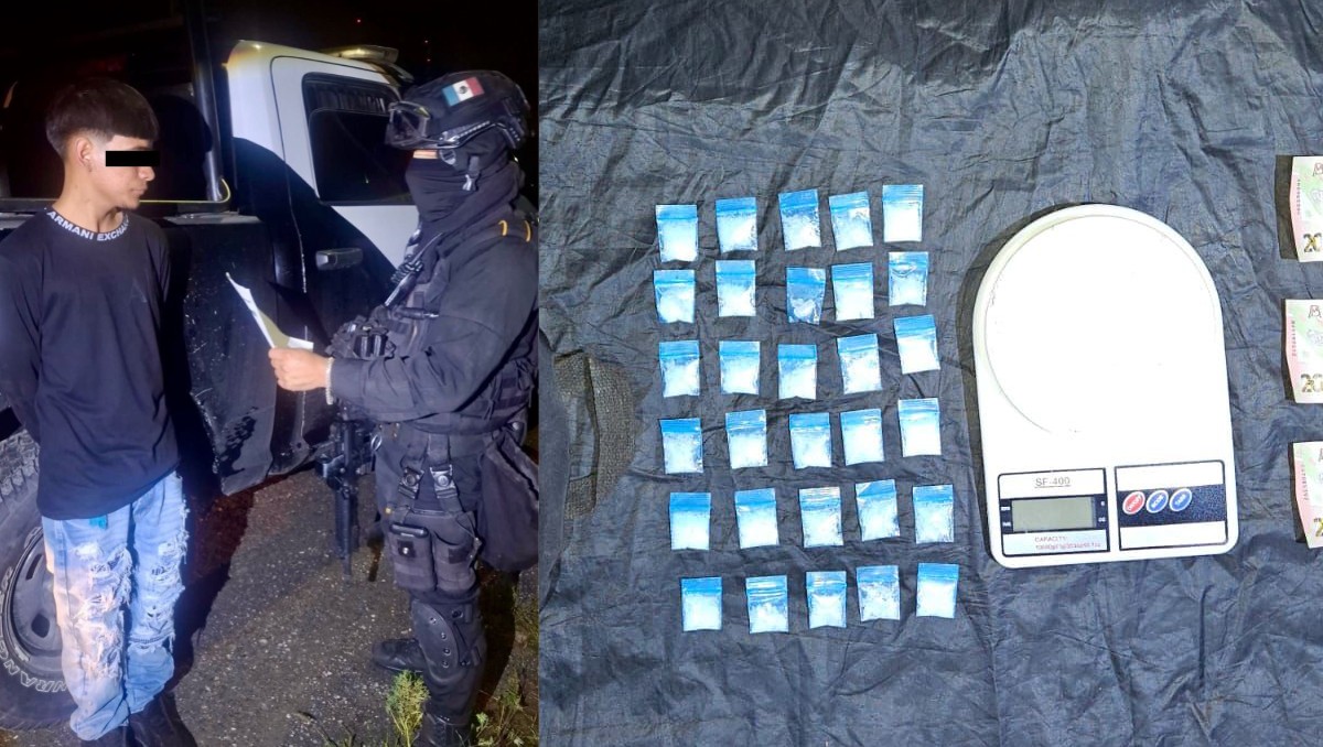 Edgar “N”  de 18 años, traía 30 dosis de presunto cristal, dinero en efectivo y otros indicios ilícitos. Foto: Especial