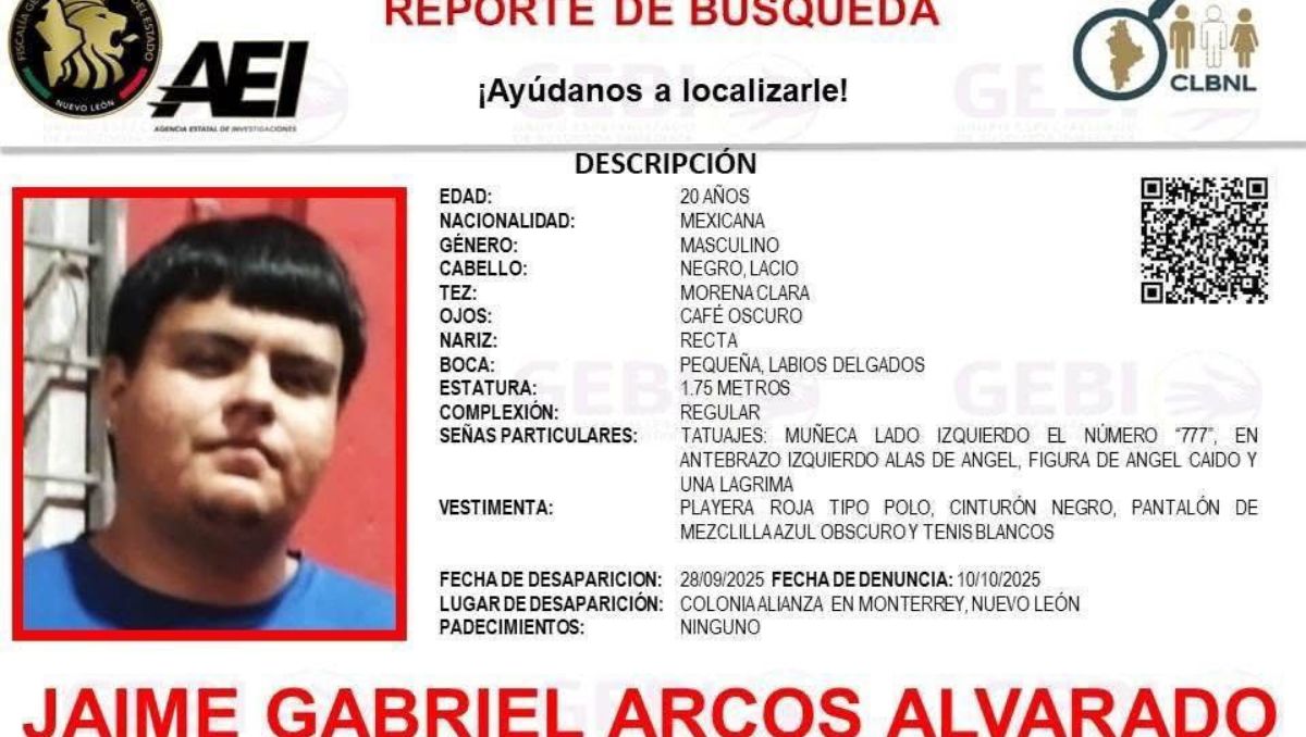 Las autoridades activaron un reporte de búsqueda tras la desaparición de Jaime Gabriel Arcos Alvarado | Especial