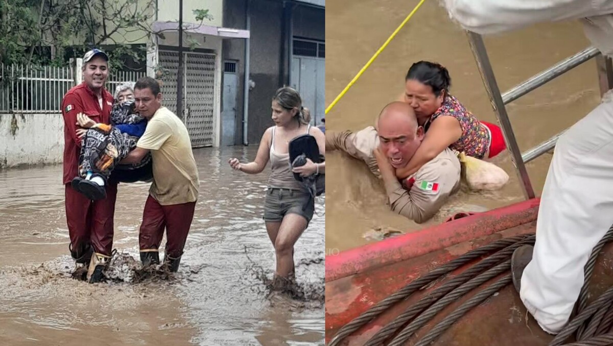 Trabajadores rescatan personas en las inundaciones de Veracruz