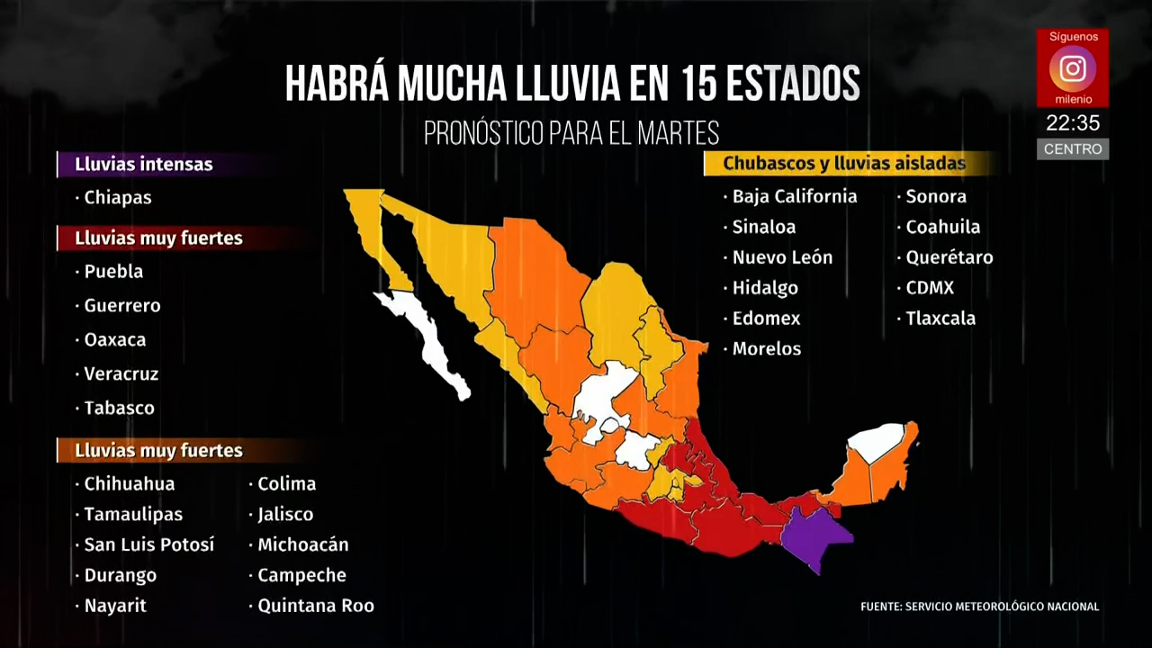 Lluvias continuarán en 15 estados de México con alerta en Puebla, Veracruz y San Luis Potosí