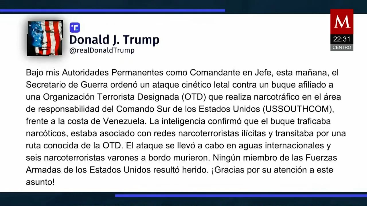 Trump confirma ataque del ejército de EU a embarcación en costas de Venezuela
