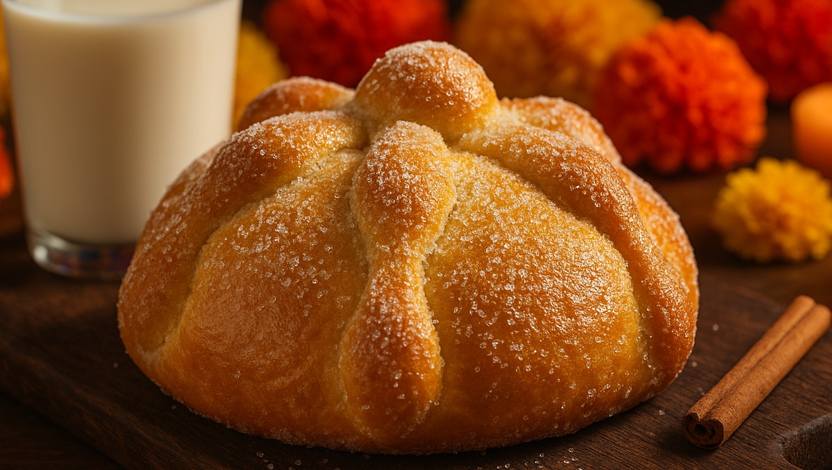 Pan de muerto espolvoreado con azúcar, símbolo del Día de Muertos en México, elaborado con mantequilla, ralladura de naranja y esencia de azahar.