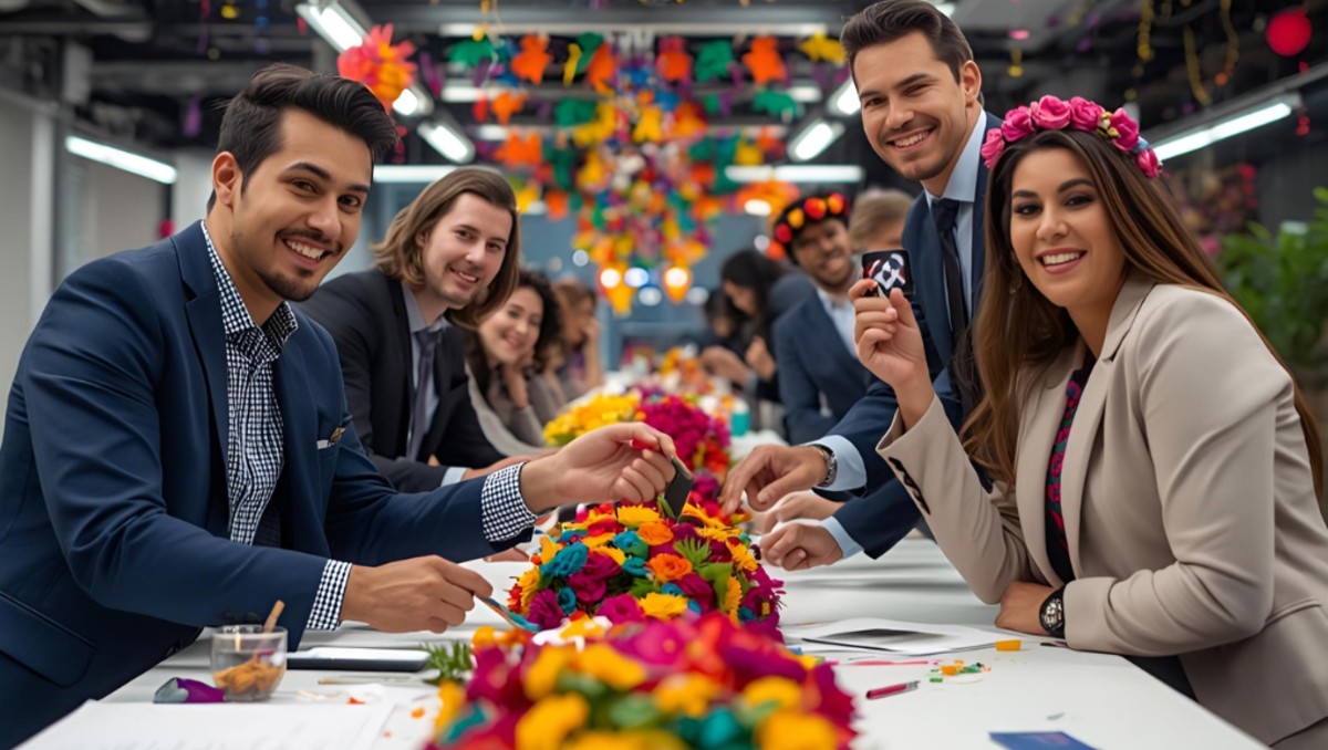 Trabajadores con decoraciones de Día de Muertos. FOTO: MILENIO