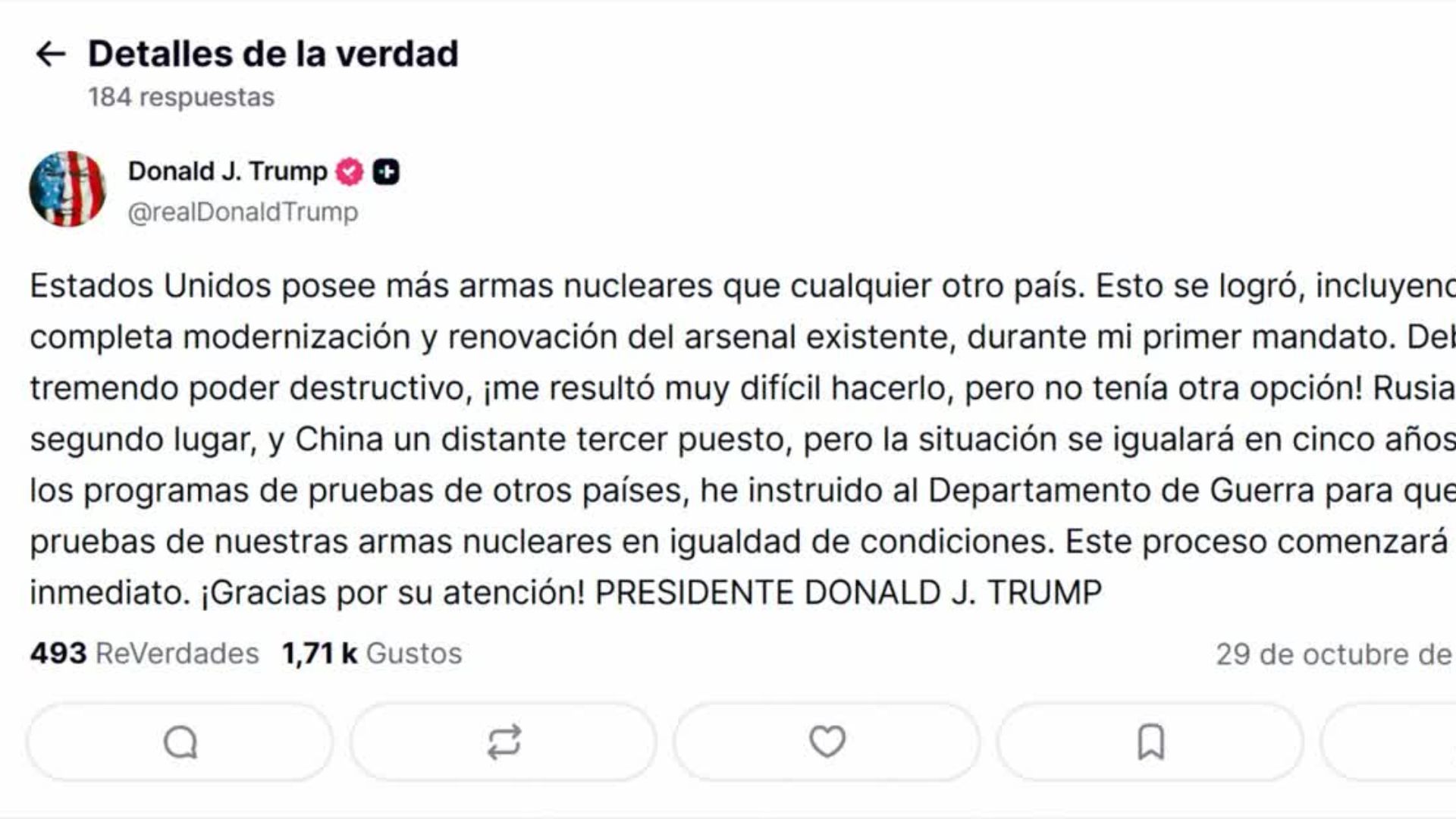 ÚLTIMA HORA: El presidente Donald Trump ordena pruebas de armas nucleares