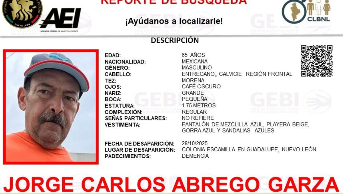 Jorge Carlos Abrego Garza, de 65 años, fue visto por última vez el pasado 28 de octubre. Foto: Especial