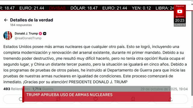 Trump ordena pruebas con armas nucleares | Jaime Núñez, 29 de octubre de 2025