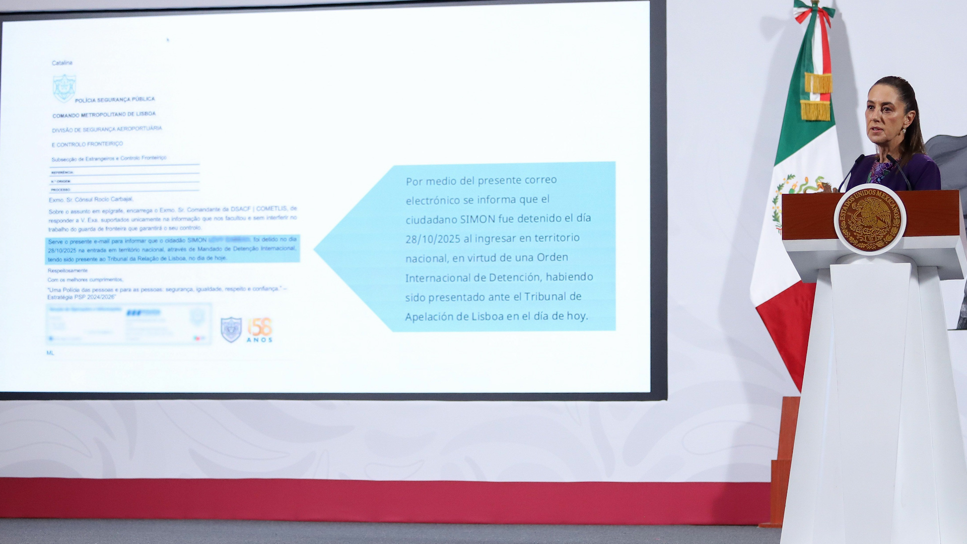 Sheinbaum muestra documento que confirma la detención de Simón Levy en Portugal