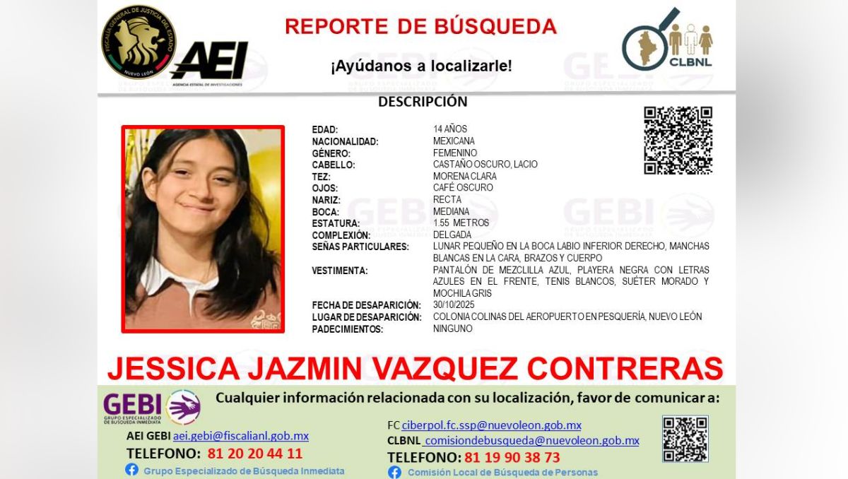 Emiten Reporte de Búsqueda para localizar a Jéssica Jazmín Vázquez Contreras. | Especial