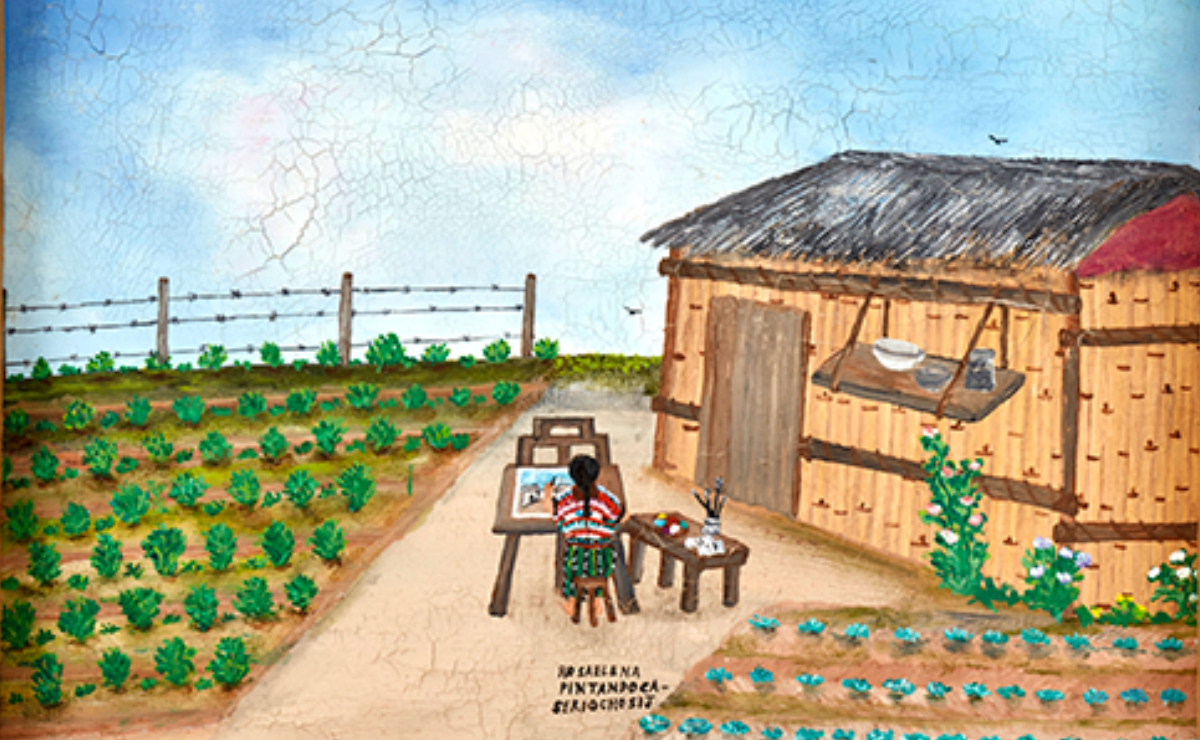 'Rosa Elena pinta caserío Chosij', ca. años 1990. Óleo sobre tela. (Cortesía: Museo Universitario del Chopo)