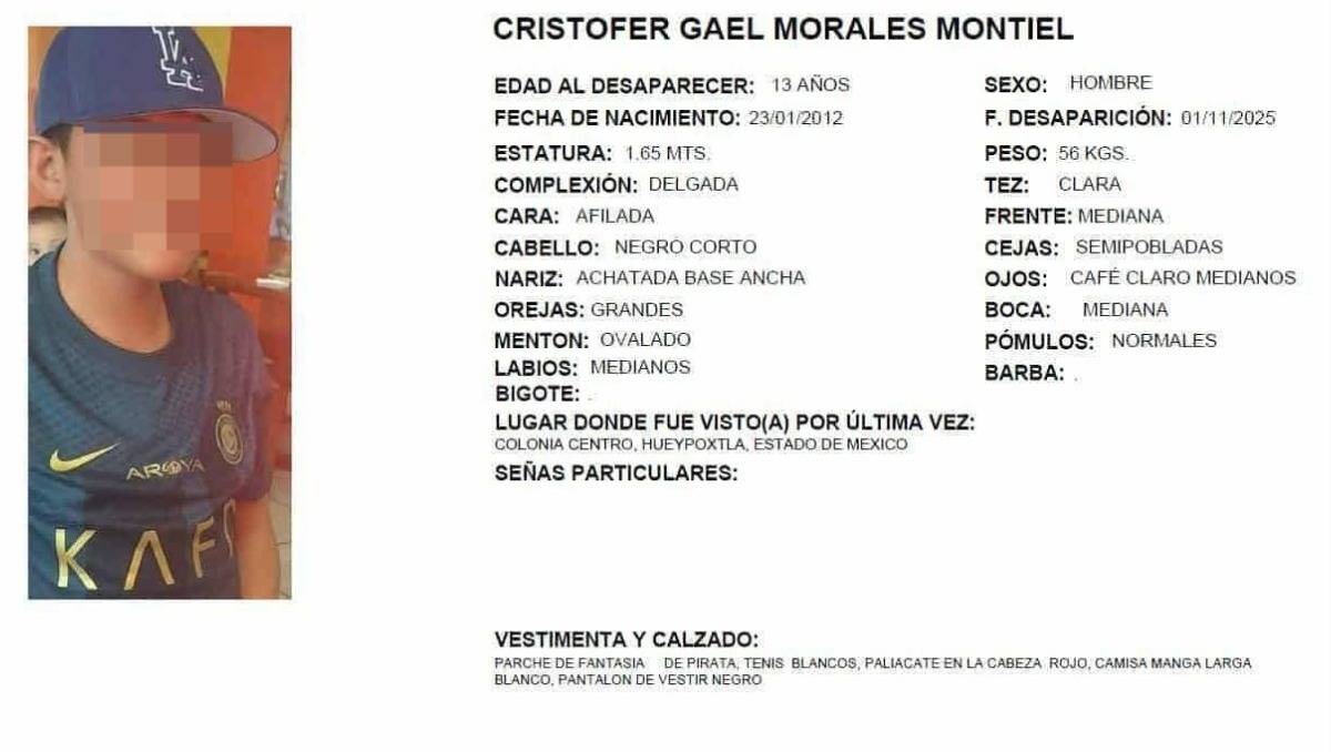 Christopher Gael Morales Montiel, adolescente de 13 años que desapareció el 1 de noviembre tras salir de su domicilio. Especial