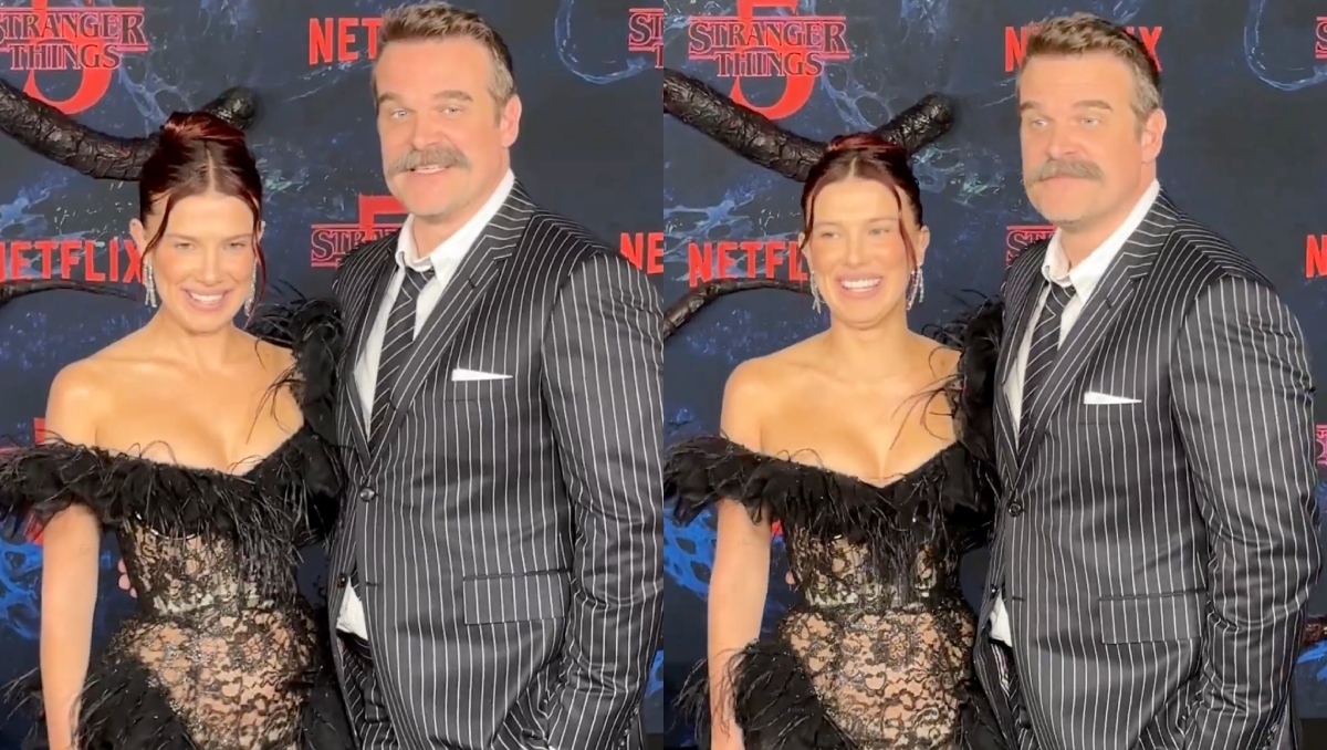 Millie Bobby Brown y David Harbour se abrazan en la alfombra roja de Stranger Things 5