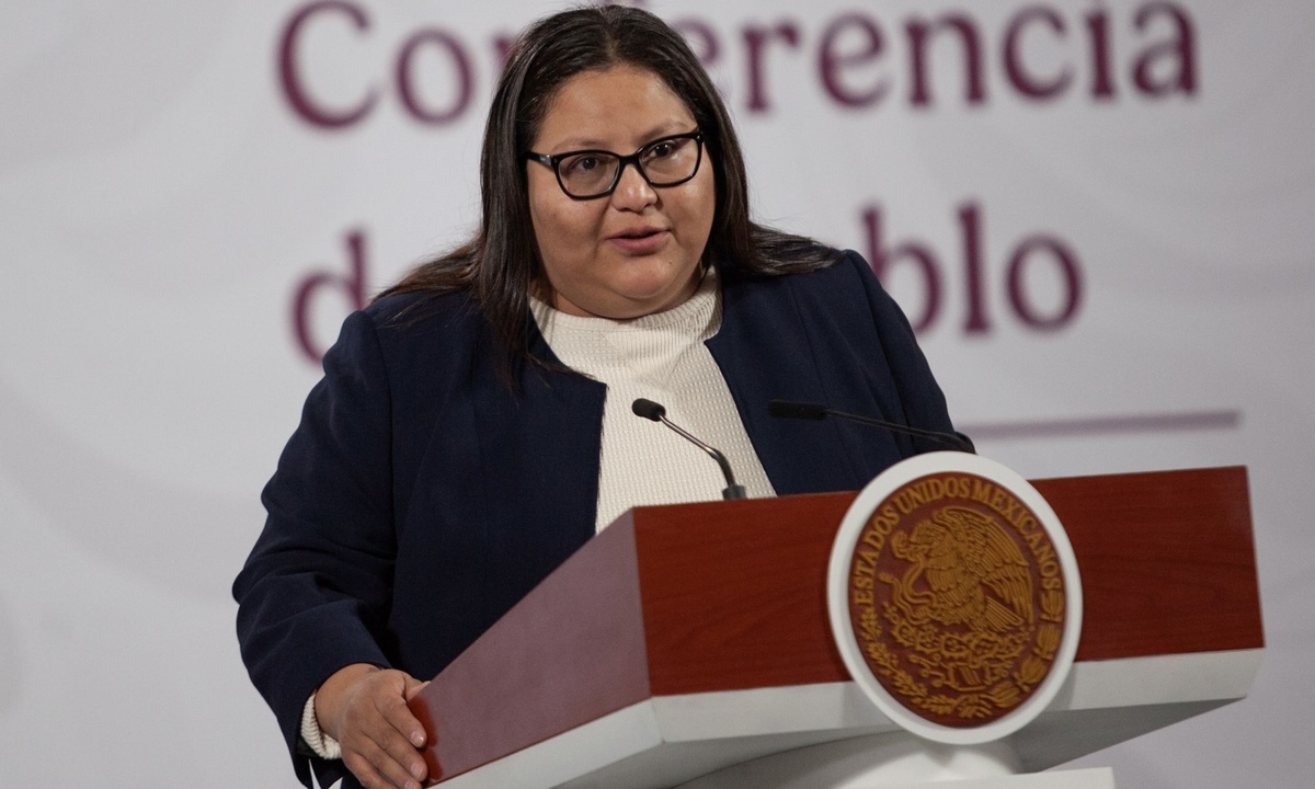 La secretaria de las Mujeres, Citlali Hernández, en la conferencia mañanera de hoy en Palacio Nacional. (Cuartoscuro)