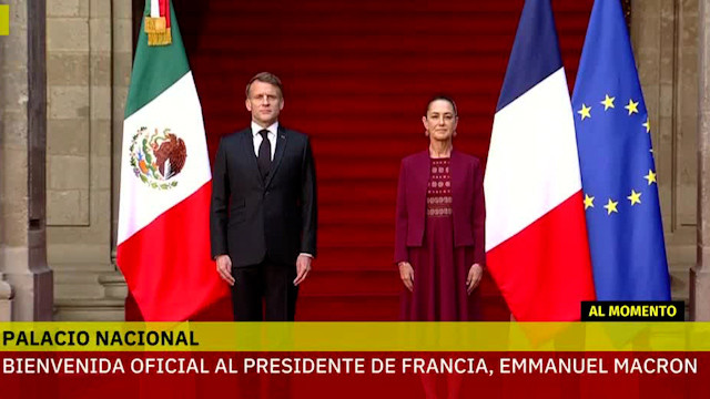 Claudia Sheinbaum da bienvenida oficial a Emmanuel Macron en Palacio Nacional de la CDMX