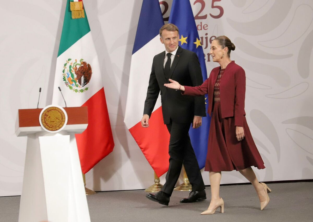 Claudia Sheinbaum y Emmanuel Macron en Palacio Nacional | Foto: Ariel Ojeda