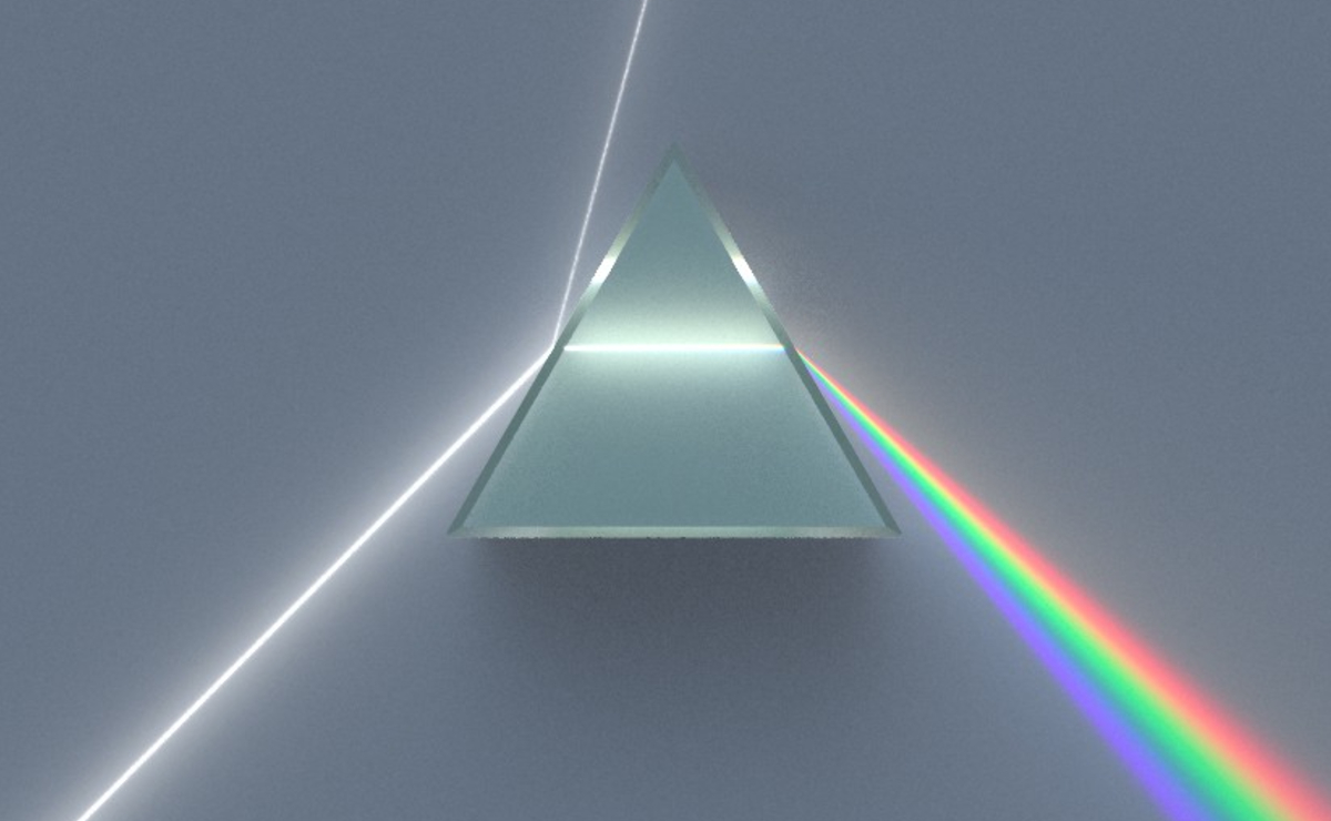 Ilustración de un prisma dispersivo que separa la luz blanca en los colores del espectro, fenómeno descubierto por Newton. (Wikimedia Commons)