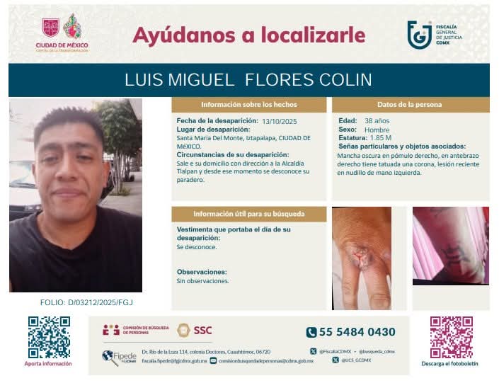 Familiares dela víctima tramitaron una ficha de búsqueda de Luis Miguel Flores Colín.