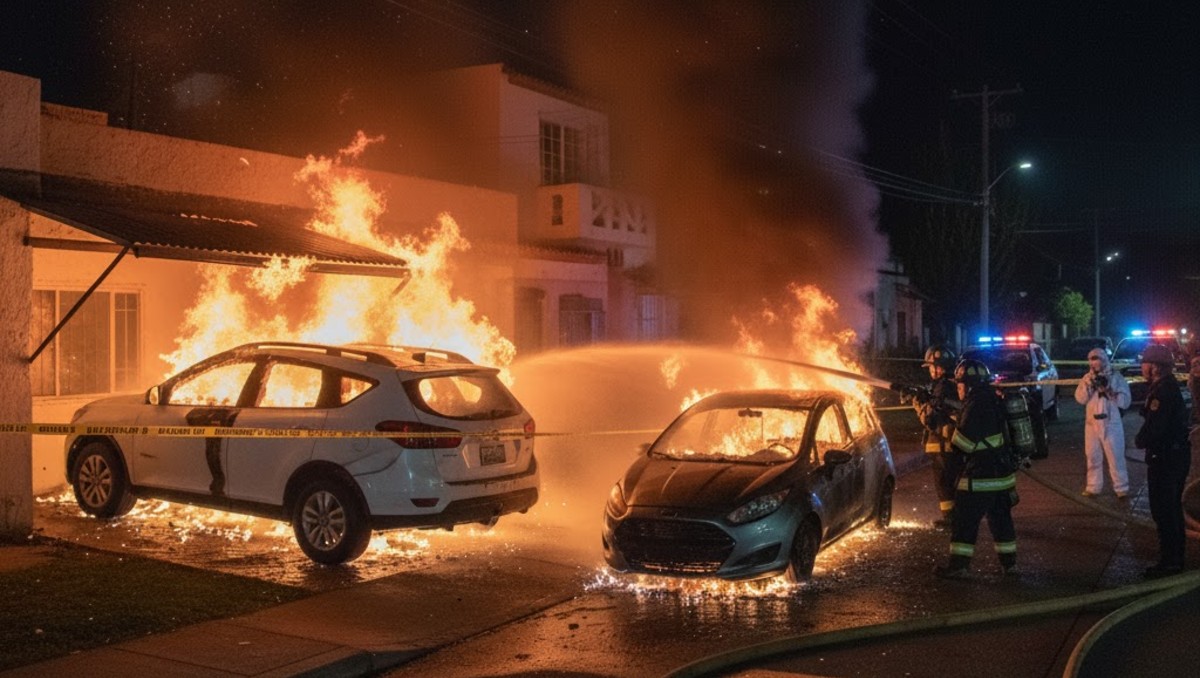 Incendio en la colonia Álamos de Celaya destruye dos vehículos; autoridades investigan si fue un acto vandálico. | Imagen creada con IA