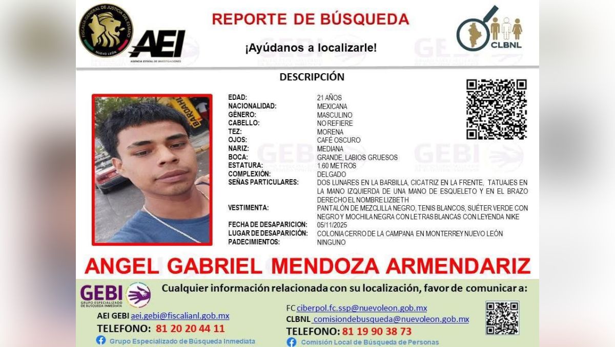 Ficha de búsqueda para localizar a Ángel Gabriel Mendoza Armendáriz. | Especial