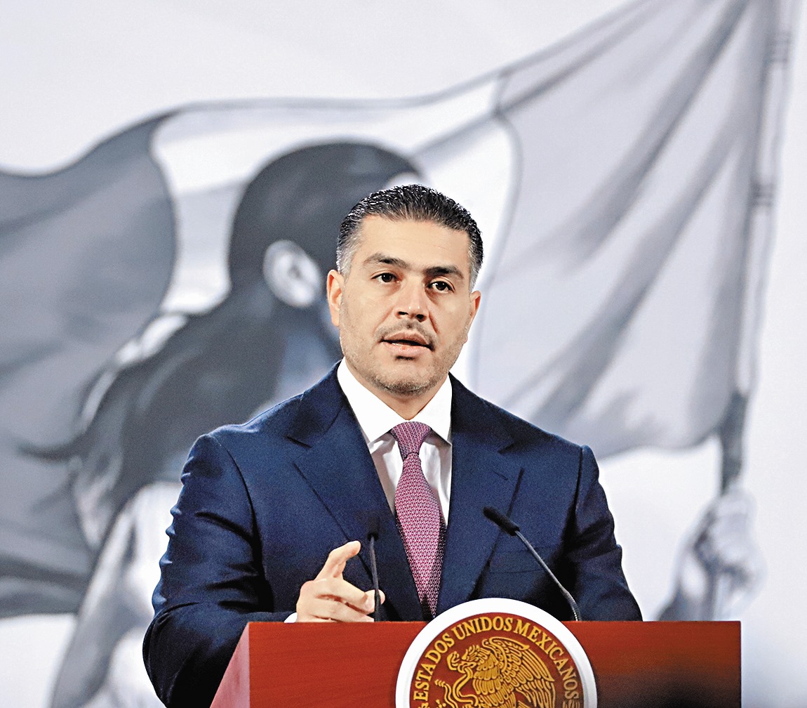 Omar García Harfuch, secretario de la SSPC, en la conferencia de Palacio Nacional. Ariel Ojeda