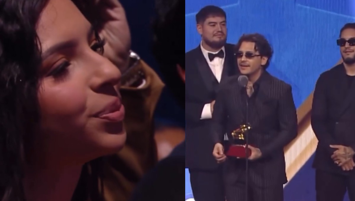 Ángela Aguilar viendo a su esposo Christian Nodal mientras decía su discurso en los Latin Grammy 2025. | FOTO: Latin Grammy 2025