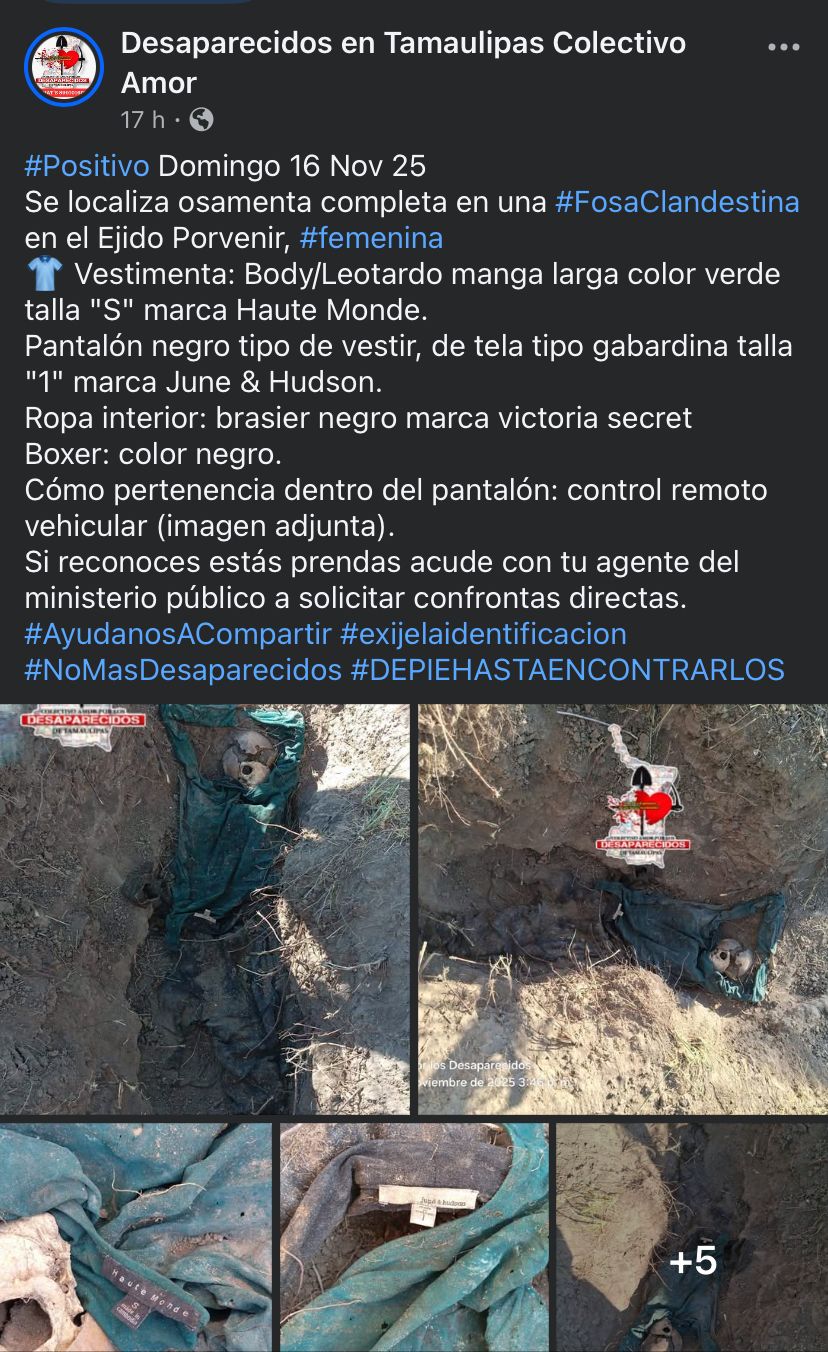 Osamenta hallada en fosa clandestina de Reynosa.
