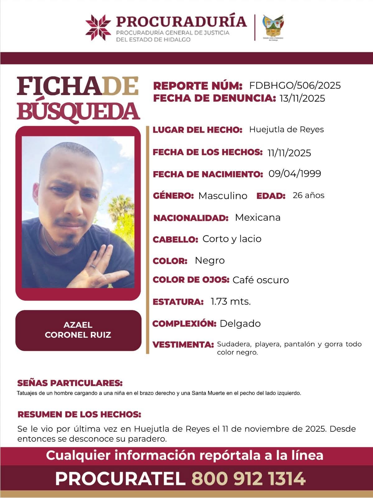 Emiten ficha de búsqueda para Azael Coronel Ruíz. (Cortesía)