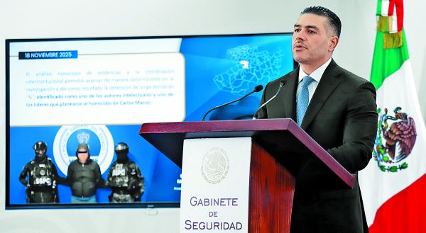 El secretario de Seguridad y Protección Ciudadana mostró en conferencia imágenes de Jorge Armando “N”. JUAN CARLOS BAUTISTA