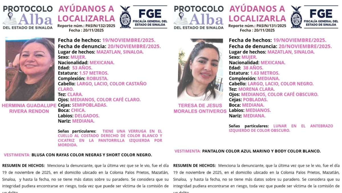 Desaparecen hija de buscadora y su amiga en Mazatlán; fiscalía activa el Protocolo Alba