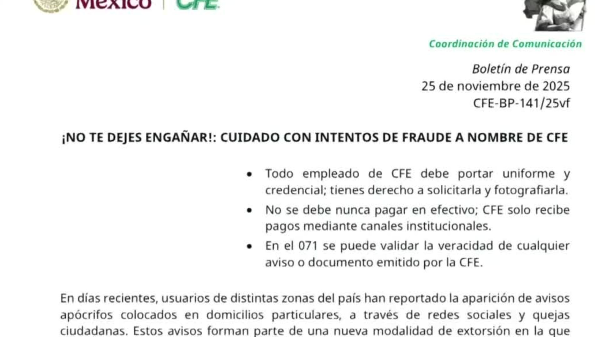 Por medio de avisos falsos, extorsionadores se hacen pasar por la CFE en varias partes del país