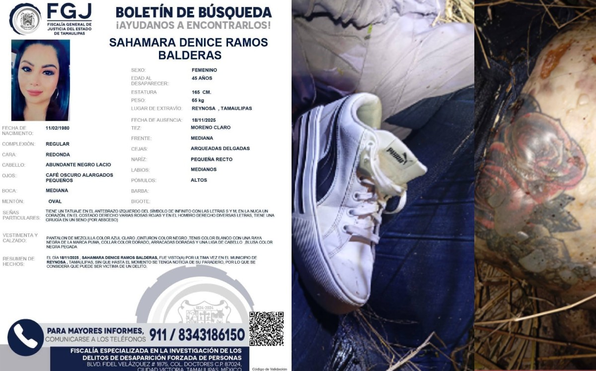 Tatuaje de rosas, calzado y vestimenta coinciden con Sahamara Ramos, mujer desaparecida en Reynosa. | Redes