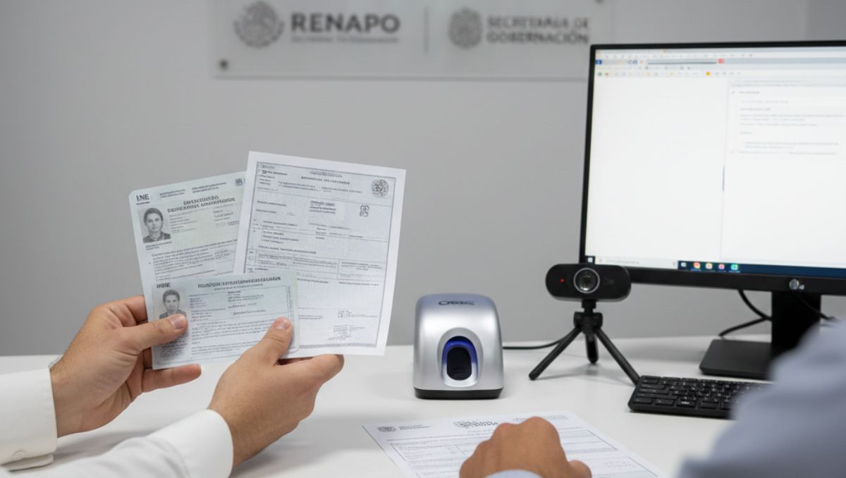 Ciudadana entrega su INE y acta de nacimiento en un módulo oficial para tramitar la nueva CURP biométrica.