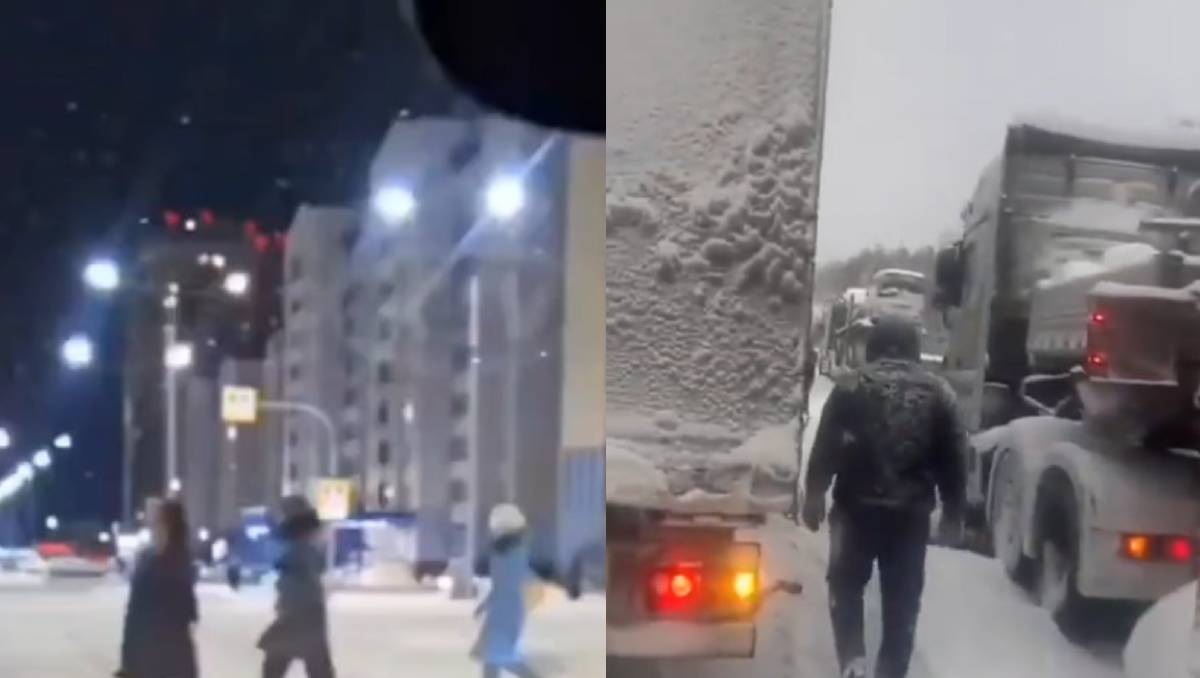 Decenas de automóviles quedaron varados por las fuertes nevadas en Siberia (Capturas de pantalla tomadas de redes)