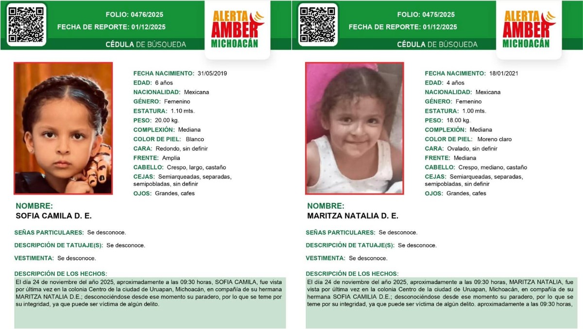 Las fichas para la localización de las menores siguen activas. | Foto: FGE Michoacán