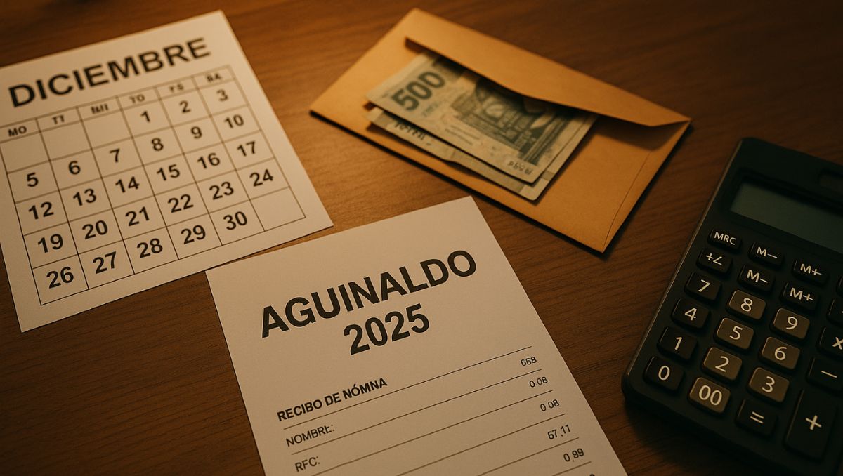 Empleado revisando su recibo de nómina junto a un calendario marcado en diciembre, recordatorio del pago del aguinaldo 2025 (IA DISCOVER)