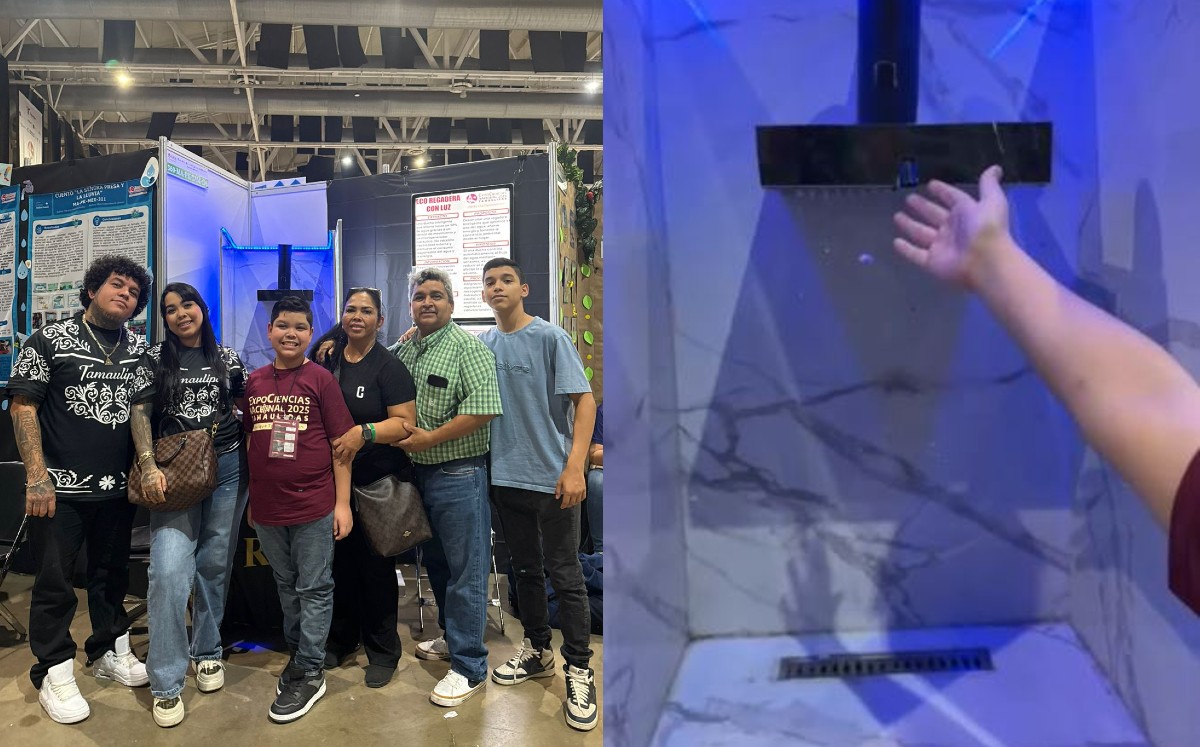 Evan Yain Guerra Sánchez, originario de Nuevo Laredo presenta Eco Regadera Led en Expo Ciencias.