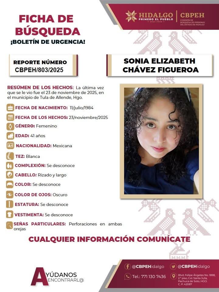 Sonia Elizabeth Chávez Figueroa fue vista por última vez en Tula. (Cortesía)