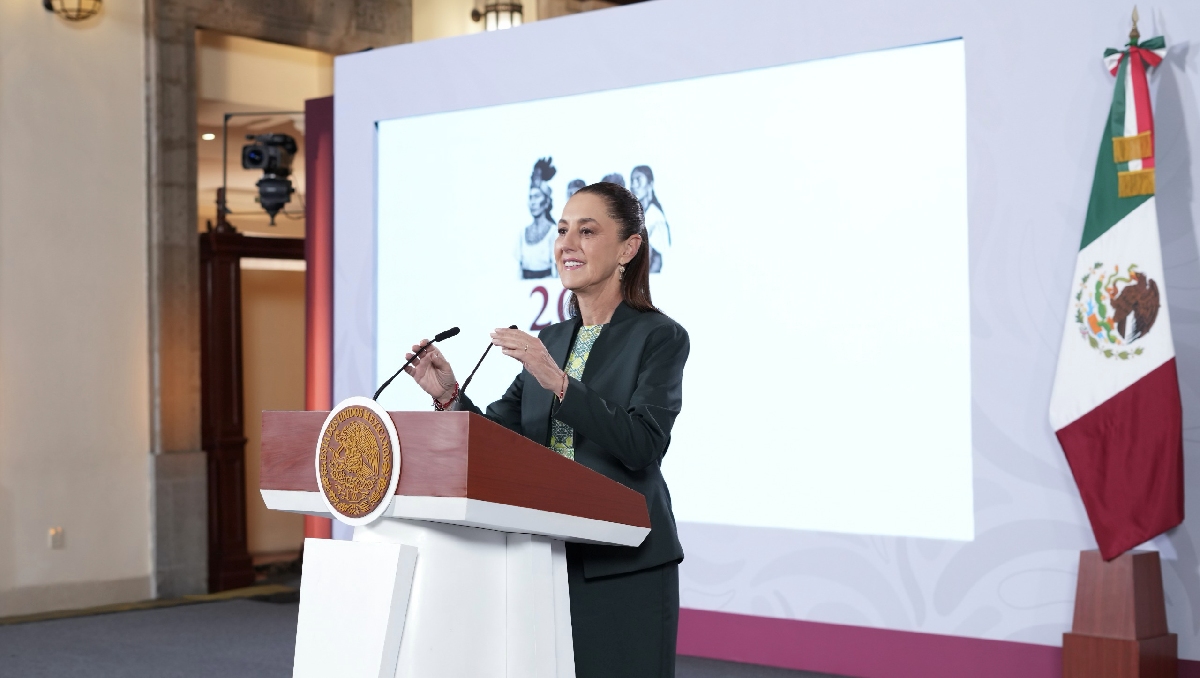 La mandataria desde el Salón de Tesorería en Palacio Nacional para su conferencia de prensa. | Cortesía