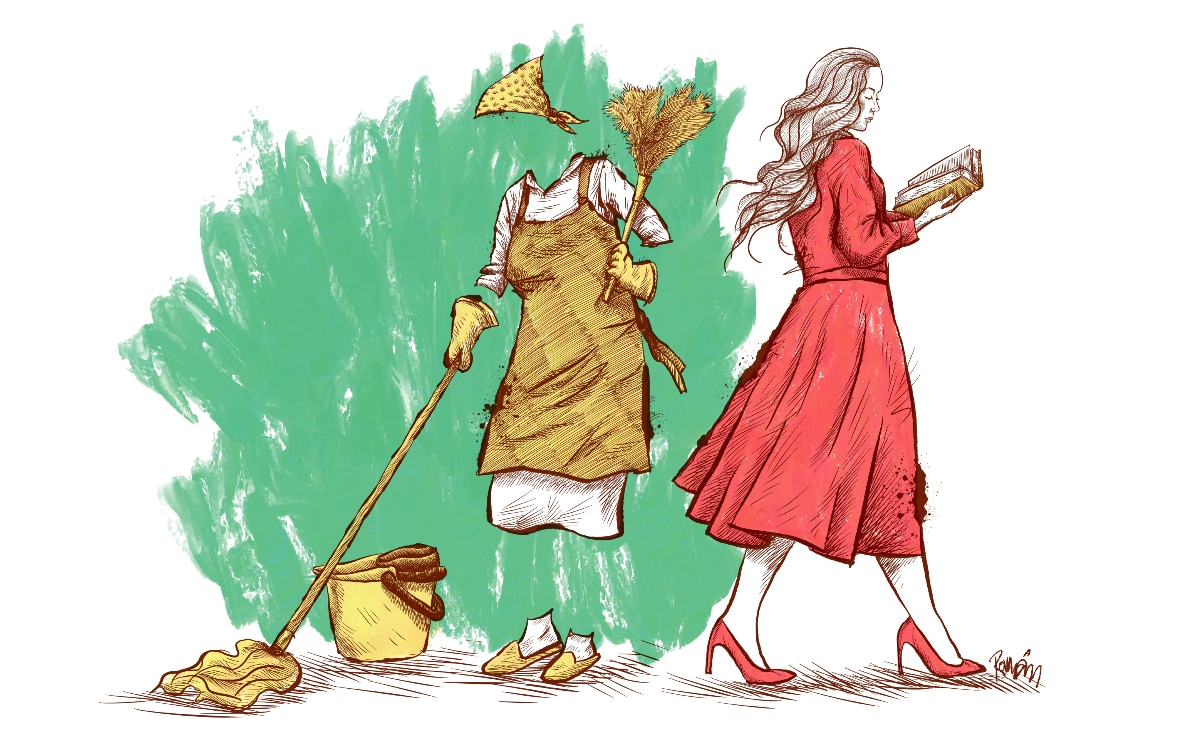 “Durante milenios, hombres y mujeres han necesitado bregar fuera de casa para ganarse el sustento”. (Ilustración: Román)